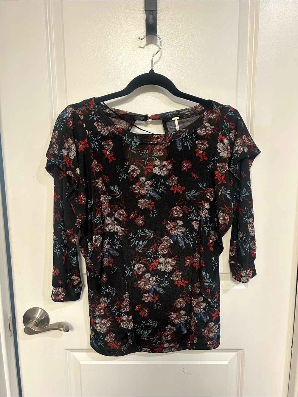 Free People Black Floral Ruffle Sleeve Blouse